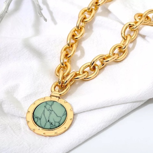 Zara Jewelry - Zara Medal Teal & Gold Chain Chocker Necklace Stone Lines Coin Zara Logo Charm